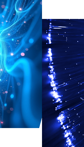 Split image showing two abstract blue light designs: the left side has swirling, glowing lines and small light dots, while the right highlights bright blue fiber optic strands—symbolizing how Radiant Logic Professional Services offers the support you need to succeed.